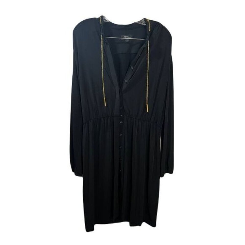 Black Button-Down Long-Sleeve Dress With Gold Chain Detailing & Elastic Waist